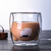Mug à café en verre borosilicate double paroi de haute qualité, 250 ml, résistant à la chaleur, écologique, avec un adorable motif d'ours de dessin animé
