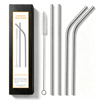 Paille réutilisable en acier inoxydable avec brosse de nettoyage, pailles métalliques droites et courbées pour café glacé, cocktails, jus