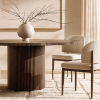 Table à manger ronde en chêne massif Dream Home avec piétement cylindrique entièrement cannelé, style Wabi Sabi, meubles de salle à manger pour villa
