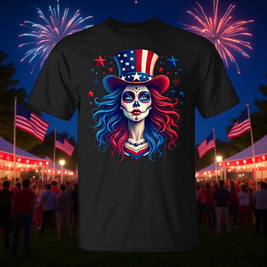 Camiseta para mujer con diseño de calavera de azúcar y bandera estadounidense del 4 de julio - Product Image 3
