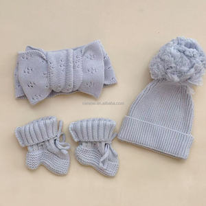 Pronta Consegna Fascia per Capelli Larga in Maglia di Cotone Blu Polvere con Grande Doppio Fiocco Pointelle per Neonata - Product Image 5