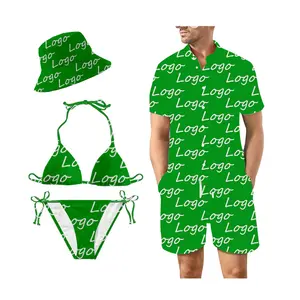 Grosir spandex baju renang pria-Pakaian Renang Yang Cocok untuk Pasangan Logo Kustom Pria Bagasi Wanita 2 Potong Bikini dengan Set Topi Ember