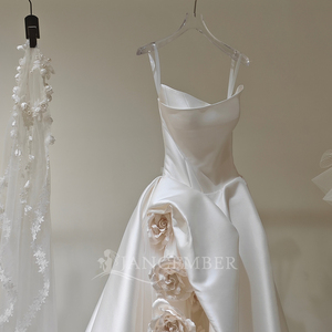 Vestido de Novia LY90 sin Tirantes con Flores 3D, Vestido Formal de Satén para Mujer - Product Image 5