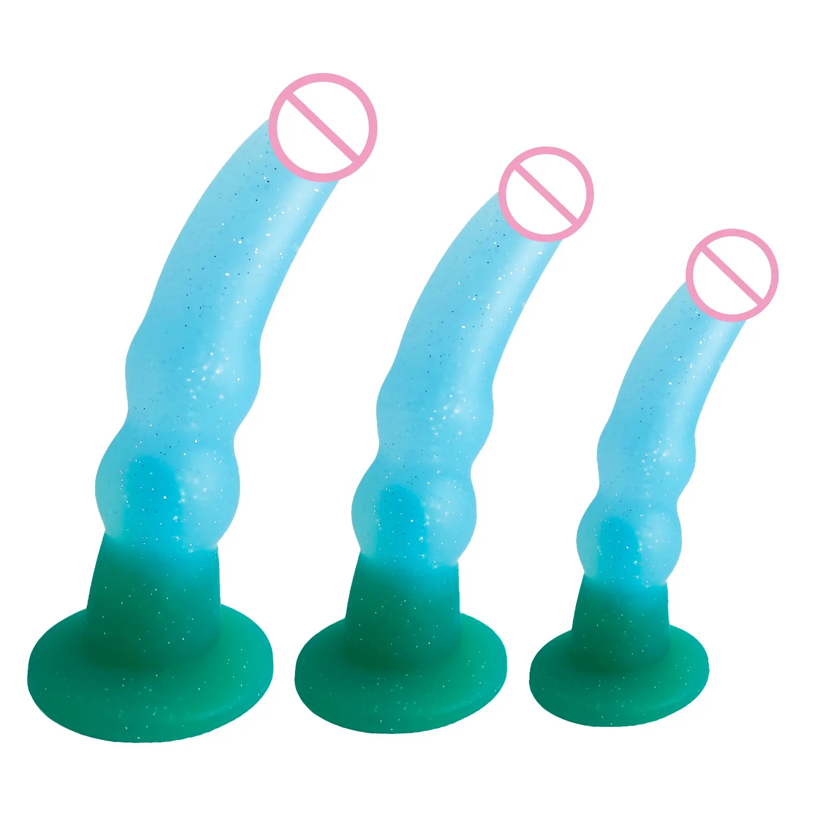 Hot sale Blue to Green Jelly Dildos with Glitters Curve Sex Toys Fantasy Penis Big Cock for Women Adults Products