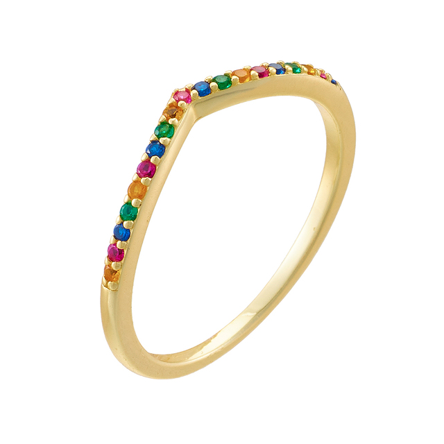 Classic Dainty Colorful Zircon 925 Sterling Silver Gold Plated Rainbow Eternity Ring for Women