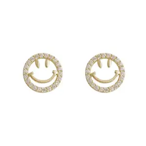 2021 Rhinestone Earrings Trendy Korean Minimalist Jewelry Gold Plated Hollow Smile Face Circle Crystal Rhinestone Stud Earrings
