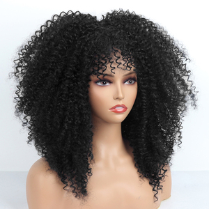 Parrucche ricci Afro da 16 pollici per donne nere parrucche ricci crespi corti con frangia <span class=keywords><strong>capelli</strong></span> Afro marroni parrucche Cosplay Glueless in fibra sintetica - Product Image 2