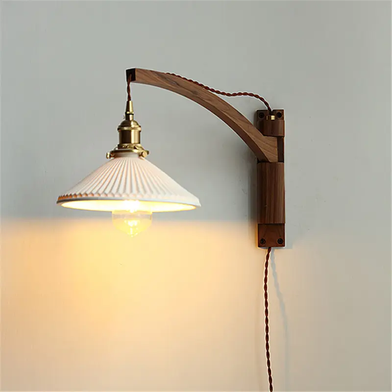 Black Walnut Rotating Wall-Mounted Living Room Northern Europe Contracted Retro Telescopic Folding Bedside Wall Lamp