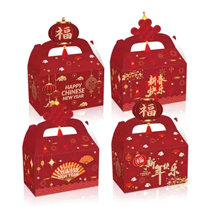 Huancai Gelukkig Chinese Nieuwe Jaar Candy Treat Box Papier Gift Cake Goody Doos Met Lantaarn Uitsparing Voor Lente Festival Party levert