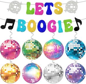 Decoraciones para Fiestas Temáticas de Discoteca de los 80s <span class=keywords><strong>y</strong></span> 90s, Pancarta Let's Boogie, Bola de Discoteca, Espirales Colgantes, Fondo para Decoración de Despedidas de Soltera - Product Image 1