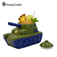 Mug Tiki personnalisable en forme de char de combat vert avec couvercle amovible, tasse à cocktail en céramique personnalisée