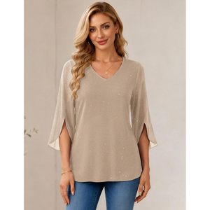 Women Blouse V Neck 3/4 Flutter Sleeve <b>Sequin</b> Chiffon Asymmetric Tunic <b>Top</b> Everyday Wear Sheer Layer Design - Product Image 5