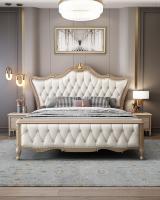 Cama Matrimonial Moderna de Lujo Tapizada en Cuero con Diseño Tufted, Estructura de Madera de Roble Macizo con Tallado Dorado, Muebles Ecológicos para Dormitorio