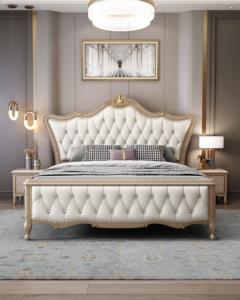 Luxury Tufted Upholstered King Size Bed, French Style Solid Wood Bed Frame with Gold Carving for Bedroom Furniture, Elegant Doub - Product Image 2