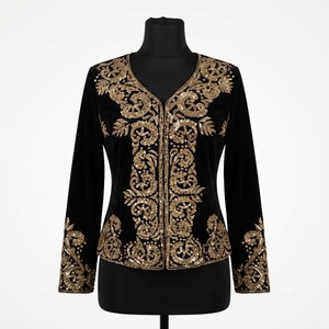 Designer Hand Embellished Blue Velvet Cotton <b>Jacket</b> <b>Women</b> with Silver Sequin Embroidery Autumn/Winter Formal <b>Evening</b> Wear - Product Image 3
