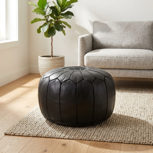 Black Round <b>Leather</b> Pouf <b>Cover</b> Geometric Embroidery Bohemian Style Handmade Stitched Drawstring Closure Customizable Home Decor - Product Image 2