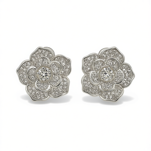 Orecchini a Perno E3560 in Oro Bianco con Fiore, Incastonatura a Pavé, Cristallo Taglio Brillante Rotondo, Gioielli da Sposa per Donna - Product Image 1