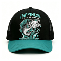 Cappello Trucker Bicolore Nero e Verde con Ricamo 'Happiness Quote' per Pesca e Attività all'Aperto