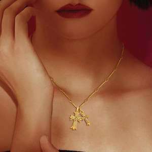 <span class=keywords><strong>สร้อย</strong></span>คอจี้รูปไม้กางเขนทองคำ ดีไซน์ไม่ซ้ำใครสำหรับผู้หญิง ประดับด้วยเพชรคิวบิกเซอร์โคเนีย จี้รูปหัวใจคู่เคลือบโครเมียม - Product Image 2