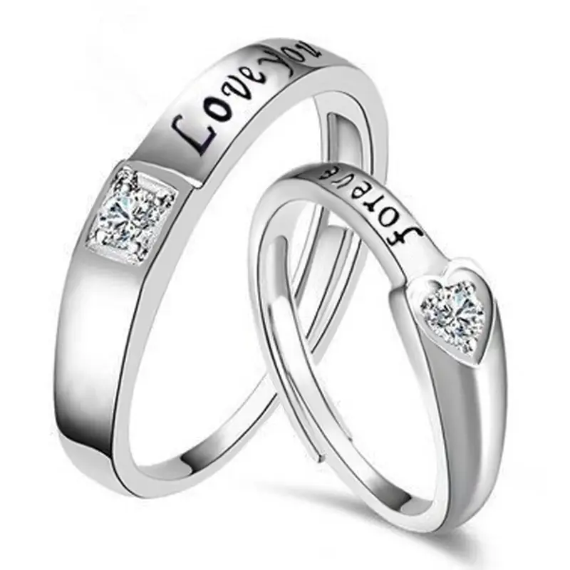 Wholesale Fashion Love You Forever Heart Diamond Zircon Adjustable Engagement Wedding Couple Rings Jewelry Set For Men Women