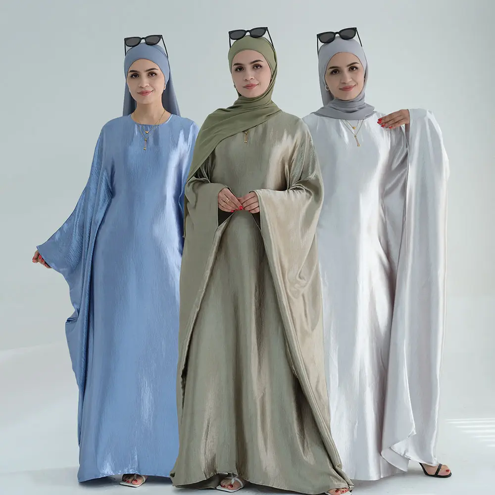 قفطان عباية من الساتان الأنيق ملابس العيد ذات الأكمام على شكل جناح خفاش ملابس إسلامية عباية فستان للمُسلمات