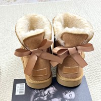 Sepatu Bot Salju Musim Dingin Wanita dengan Tali, Kulit Sapi, Lapisan Bulu, Tali Pita, Hangat, Model Ankle, Kasual