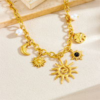 Collier à maillons épais en acier inoxydable 316L plaqué or 18 carats, multi-breloques Soleil et Lune, étanche, inaltérable, hypoallergénique pour femme