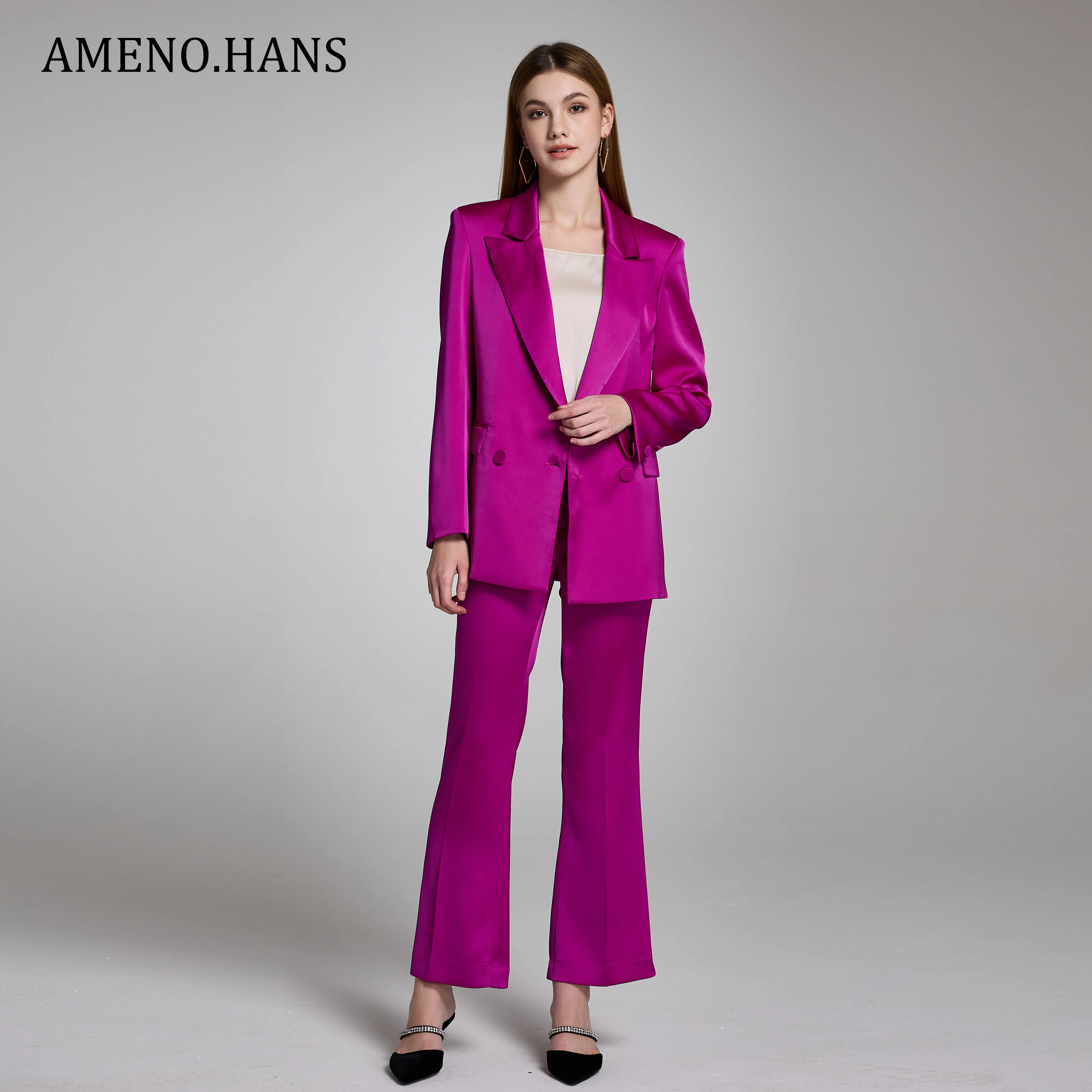 Wholesales Popular Office Ladies Women Purple Business Single Buttons Suit Blazer Pantsuits Two Piece Set
