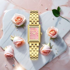 Reloj de Lujo de Alta Gama para Mujer, Cuadrado, Dorado, con Moissanita, Resistente al Agua 30m, Esfera Blanca con Ópalo Rosa, Movimiento de Cuarzo Japonés, Correa de Cuero - Product Image 3