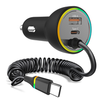 Dernier chargeur de voiture USB C 70W avec lumière LED, adaptateur de charge rapide pour téléphone avec câble USB-C enroulé pour iPhone, Galaxy, iPad