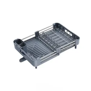 Kitchen Adjustable Dual Part Dish Drainers Grey Extendable Dish Rack with Drainer Drainage Spout