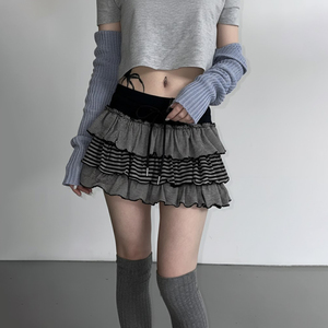 Korean Style Y2K Color Block Striped Mini <b>Skirt</b> Women <b>Low</b> <b>Rise</b> Layered Ruffle Tiered Cake <b>Skirt</b> Street Style - Product Image 4