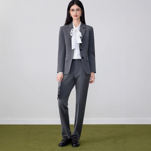 Women's Grey Suit Set Polyester Worsted Full Sleeve Spring Anti-Wrinkle Office Lady Professional Formal Wear - Product Image 3