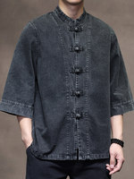 Nouveau LANBO C162 – Veste homme style chinois rétro en jean boutonnée, coupe ample grande taille, manches trois-quarts, respirante et délavée à l'acide
