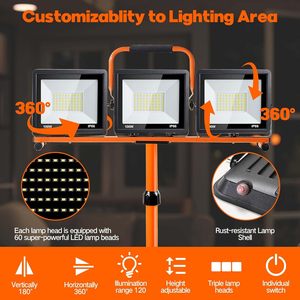 Lampe étanche avec interrupteur individuel, 21000 lumens, éclairage de travail sur pied, 3 têtes réglables, lumière LED, IP66, étanche, pour l'extérieur - Product Image 2