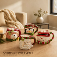 Ensemble de tasses à café de Noël en céramique 3D personnalisées, Père Noël et rennes, vente en gros de tasses à café de Noël