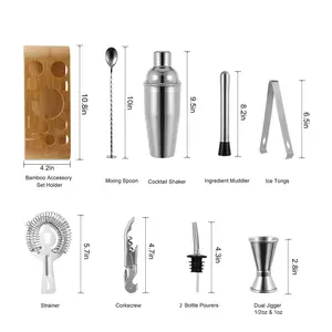 QZQ Martini Einzigartige kunden spezifische Bar Mini Barkeeper Kit Edelstahl Set Cocktail Shaker mit Bambus ständer