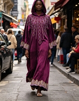 Abaya à capuche en gros pour femmes africaines, broderie florale de feuilles dorées, respirante, ample, longueur au sol, manches longues, modeste
