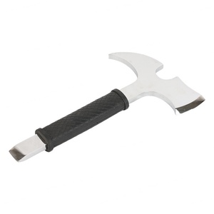 Hacha multifuncional de acero inoxidable con mango negro, duradera para extinción de incendios y uso en campamentos. - Product Image 1