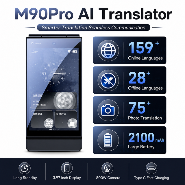 Business AI Translator M90Pro Dual Screen 159 Languages Voice Photo OCR Offline Online Recording Travel Device