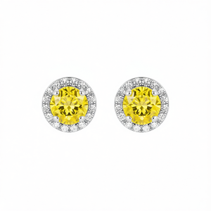 Orecchini a lobo in oro bianco con diamanti gialli taglio brillante rotondo, montatura a griffe, gioielli classici da donna, idea regalo - Product Image 1