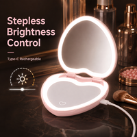 Trending Portable Heart Shaped Type C Rechargeable LED Light 2X Magnifying Travel Beauty Compact Mirror