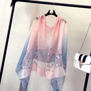 Hot Sale Embroidery Flowers Ombre Color Gradient Silk Wool Long Scarves for Women Decoration Gift