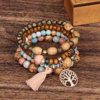 Bracelet extensible en perles de bois multicouches style bohème avec pendentif cœur en cristal pour femmes et jeunes filles - Vente en gros