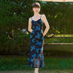 ZYHT 21227 venta al por mayor azul marino flocado mariposa mujeres vestido Casual verano largo Sexy Cami tanque sol vestidos - Product Image 2
