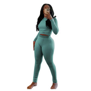 Новый осенний однотонный облегающий короткий спортивный костюм CN88606 в наличии эластичный спортивный костюм для йоги в рубчик для женщин - Product Image 3