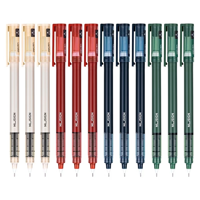 Deli NS767 Black Ink Plastic Gel Pen Straight Liquid Rollerball with 0.5mm Full Needle Tube Pack of 12 for Office & School Use