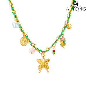 Collar de Acero Inoxidable con Flores Coloridas y Mariposas con Efecto de Goteo de Aceite, Envuelto <span class=keywords><strong>en</strong></span> Cuerda Verde, para <span class=keywords><strong>Vacaciones</strong></span>, Nuevo y <span class=keywords><strong>en</strong></span> Oferta - Product Image 5