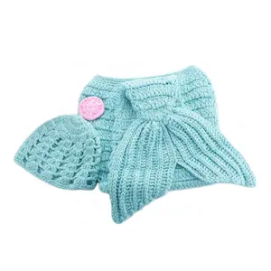 人魚の尾を編む新生児の女の子繭幼児かぎ針編み寝袋ビーニー帽子セット写真撮影ニット赤ちゃん写真小道具