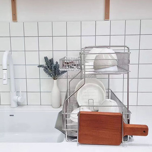 Escurridor de platos de cocina de acero inoxidable de estilo coreano con <span class=keywords><strong>bandeja</strong></span> de agua, fregadero de agua de 2 niveles, estante de secado de platos para Cocina - Product Image 3
